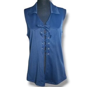 Goddess Lace Up Collared Tank Top in Blue
